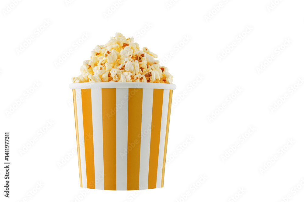 Delicious popcorn, classic box, classic paper cup with Orange stripe, isolated on white background close-up