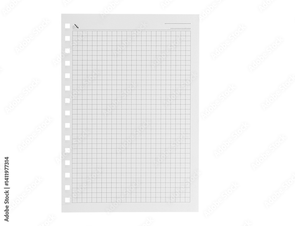 Plaid texture on white paper. A sheet of chequered paper on a white background close up
