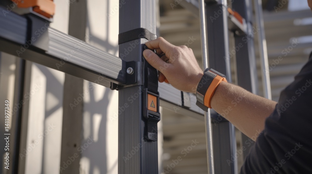 Construction worker adjusting scaffolding height at a site. Featuring precision and safety Construction worker adjusting scaffolding height at a site. Featuring precision and safety