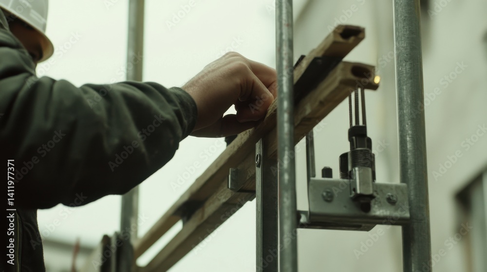 Construction worker adjusting scaffolding height at a site. Featuring precision and safety Construction worker adjusting scaffolding height at a site. Featuring precision and safety