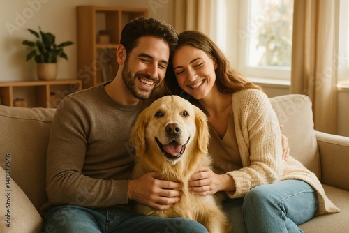 Young couple laughing while sitting on a sofa with dog