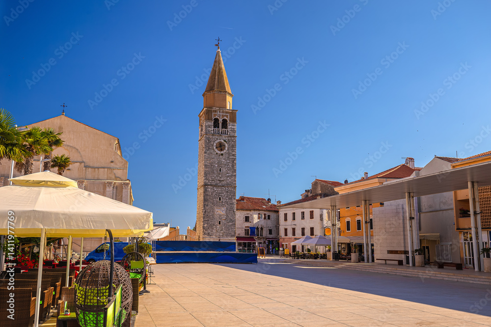 Umag, Croatia. Scenic view of historic landmarks in town of Umag main square