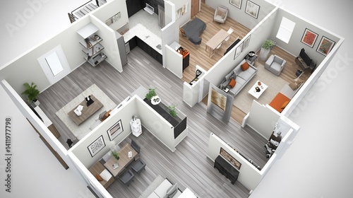 Detailed 3D Floor Plan Visualization with Contemporary Interior Design Elements and Neutral Color Palette