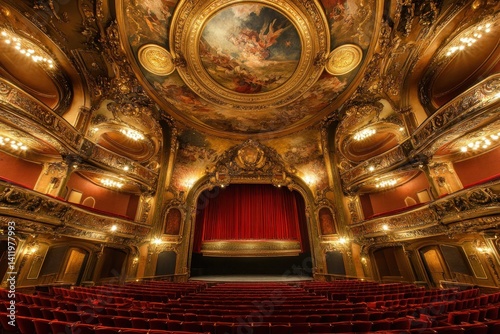 A grand theater with plush red velvet seats, golden balconies, and an intricately painted ceiling. The opulent ambiance and world-class performances define cultural elegance. A couple watches an exclu
