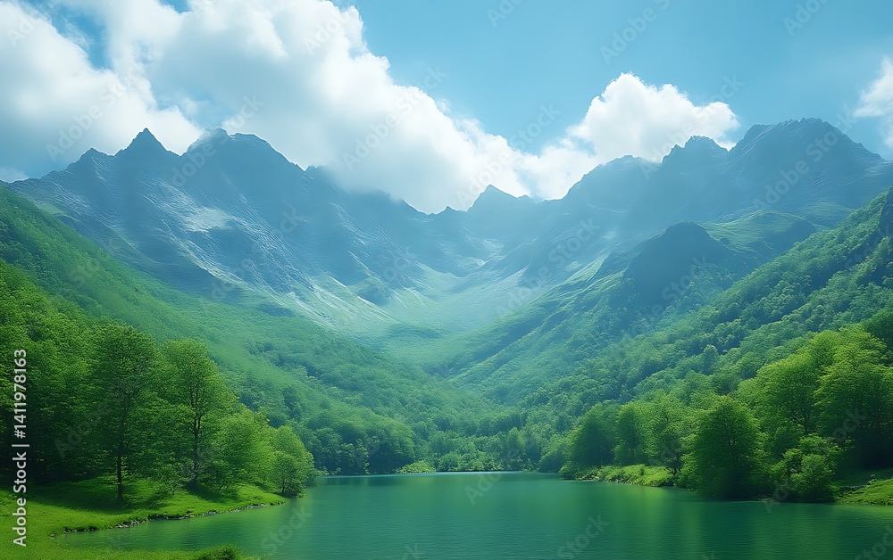 Serene mountain lake with lush greenery. Serene mountain lake with lush greenery.