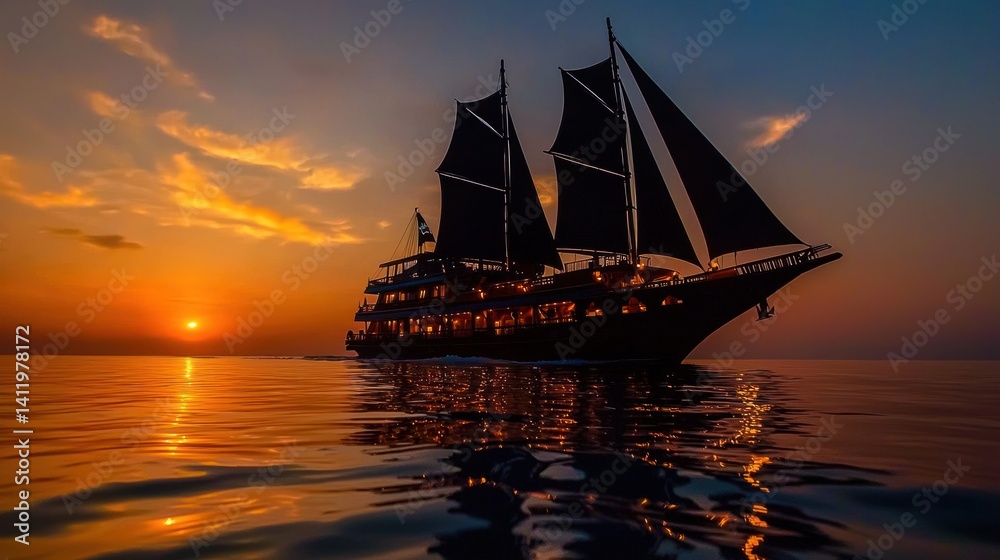 Fototapeta premium Silhouette sailing ship at sunset over calm sea