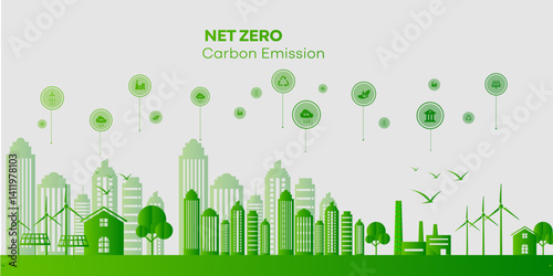 vector illustration of  Net zero and carbon neutral green urban cityscape . target low carbon emissions