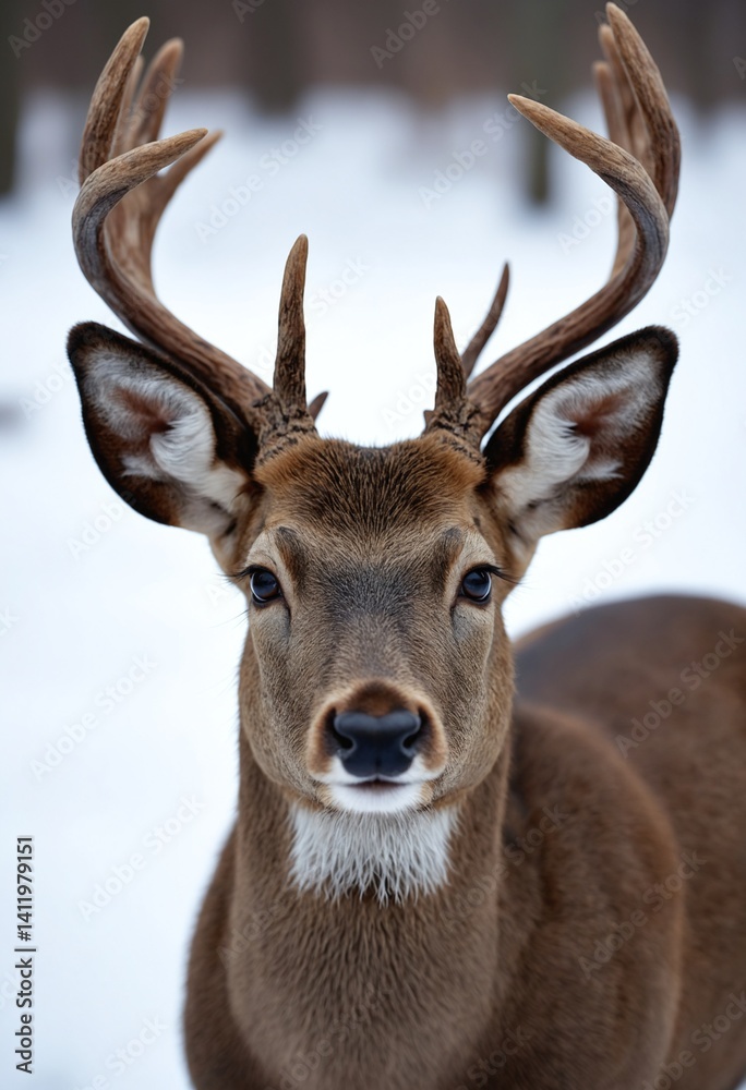 Close Up Deer Portrait with Winter White Background and Antlers Close Up Deer Portrait with Winter White Background and Antlers