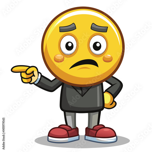 Upset yellow emoji in business attire pointing