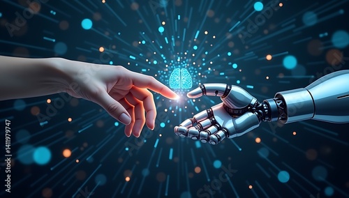 A Human helping hand Robot digital version, Touching virtual world, touch the finger of human on a dark blue background, artificial intelligence technology	