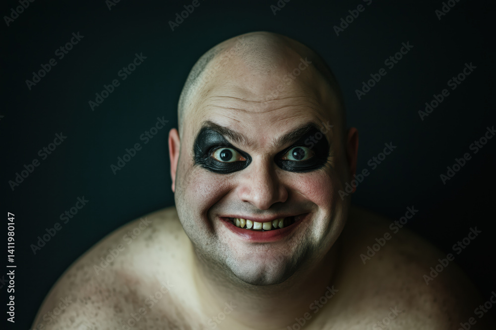 Man with face paint and dark makeup smiling in a dramatic setting