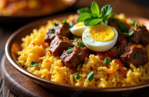 close-up of a traditional Eid al-Adha lamb biryani, aromatic rice with saffron strands, tender spiced meat, garnished with fried onions, mint leaves, and boiled eggs, served on a copper platter.