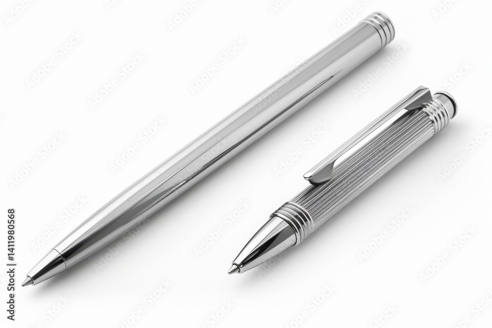 Two elegant silver pens resting on a smooth surface, showcasing craftsmanship in design and function isolated on transparent background Two elegant silver pens resting on a smooth surface, showcasing craftsmanship in design and function isolated on transparent background