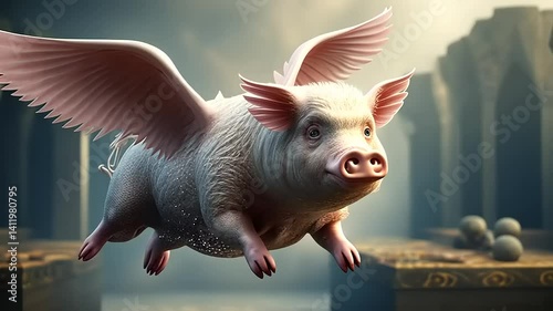 A whimsical flying pig with wings soaring through an ancient, mystical temple setting