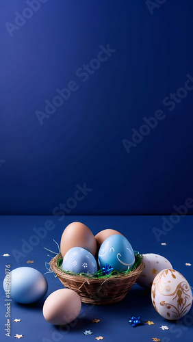 dark blue background copy space with easter eggs and decoration, free space for text and greetings