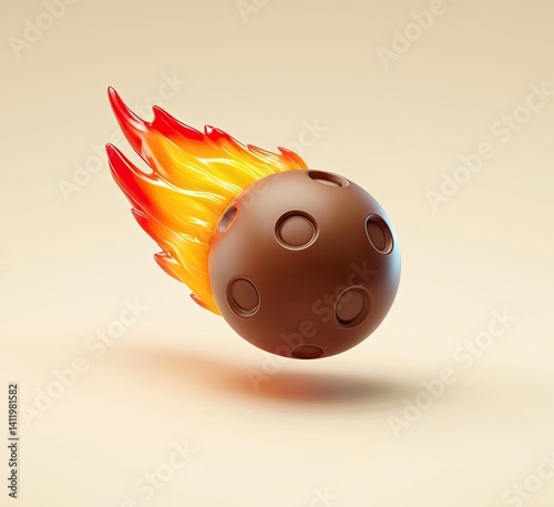 Meteorite with Fire Tail, Impacting Cosmic Body, Brown Sphere with Circular Indents