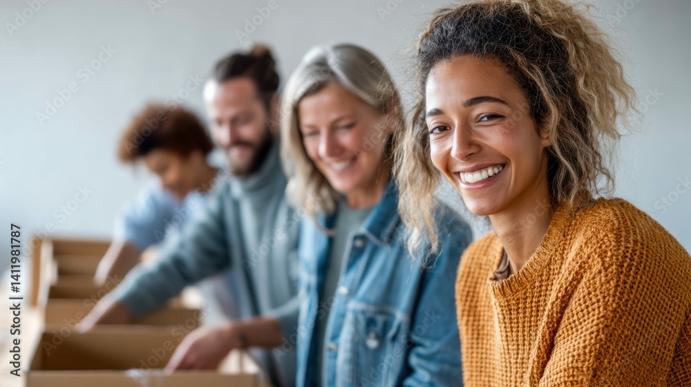 Fototapeta premium A diverse group of people smiling and working together, packing items into boxes in a room.