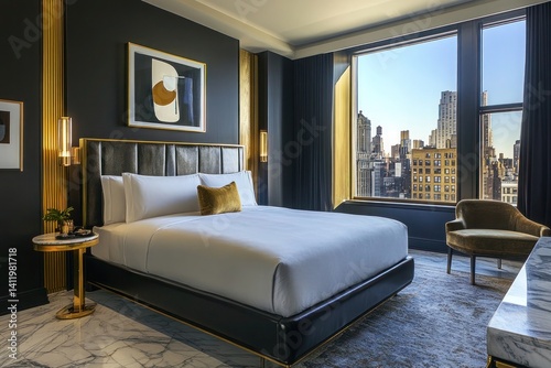 A high-end boutique hotel suite with marble floors and gold-accented furnishings. The sophisticated decor, plush king-sized bed, and city skyline views make for a perfect urban getaway.