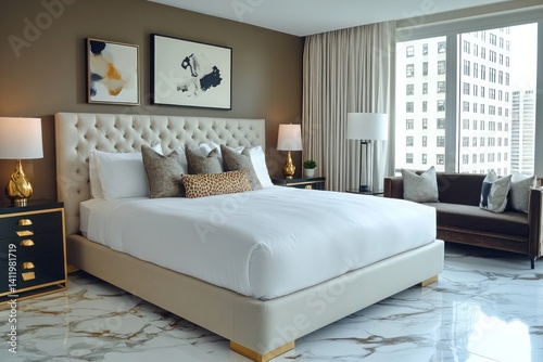A high-end boutique hotel suite with marble floors and gold-accented furnishings. The sophisticated decor, plush king-sized bed, and city skyline views make for a perfect urban getaway.