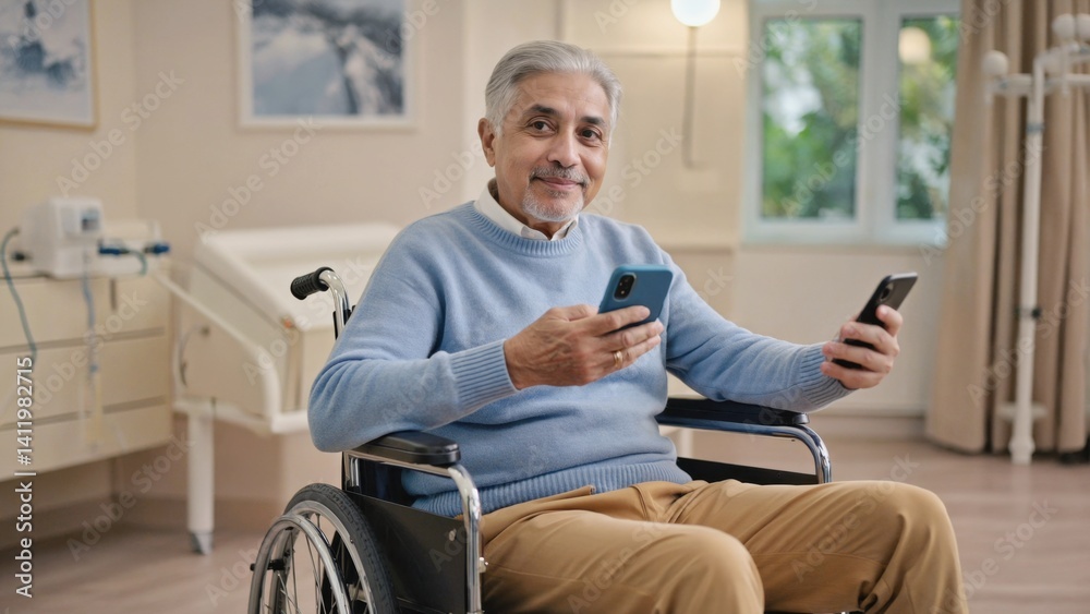 A man in a wheelchair engages with modern communication technology. A man in a wheelchair engages with modern communication technology.