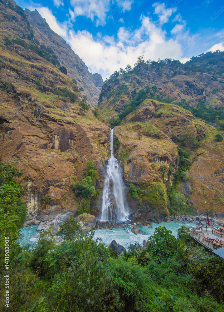 Himalayas, Nepal - The famous hiking on the roof of the world called Annapurna Circuit in the Himalaya range mountain, with little village, buddhist stupa and mountains of 8000 meters.