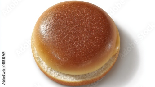 Overhead shot of a single hamburger bun, showcasing its circular shape and golden-brown crust - cooking restaurant top fast