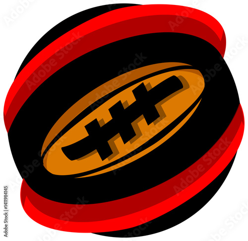 The rugby ball logo design and circular lines depict sports and are continuous with an elegant and fierce black background