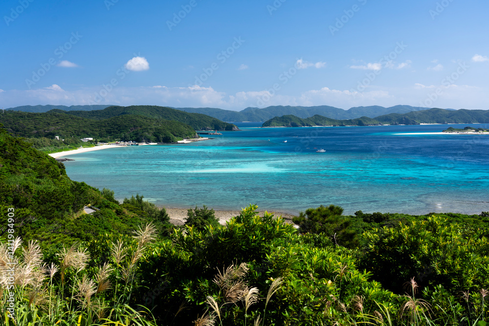 Kerama Islands near Okinawa, Japan: Aerial view of the Aharen, Tokashiki beach in the tropical islands in Okinawa in the Pacific Ocean..