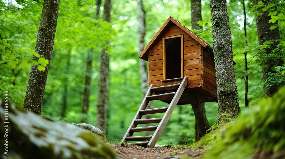 A simple tree house with a wooden ladder, tucked away in a secluded forest A simple tree house with a wooden ladder, tucked away in a secluded forest