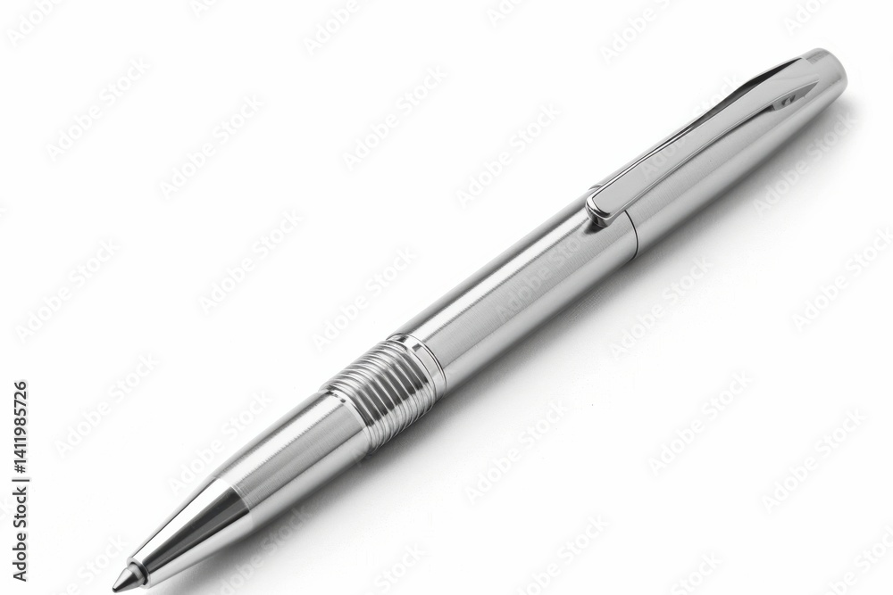 Elegant silver ballpoint pen resting on a smooth white surface in a tranquil setting isolated on transparent background Elegant silver ballpoint pen resting on a smooth white surface in a tranquil setting isolated on transparent background
