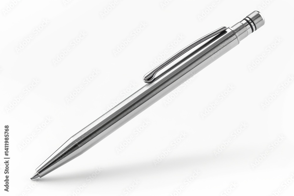 A sleek silver pen resting on a clean white surface in bright natural light isolated on transparent background A sleek silver pen resting on a clean white surface in bright natural light isolated on transparent background