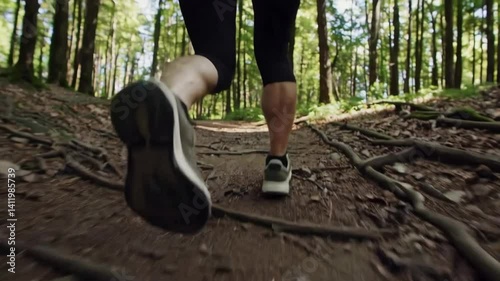 Dynamic trail running through forest featuring energetic footsteps and natural terrain