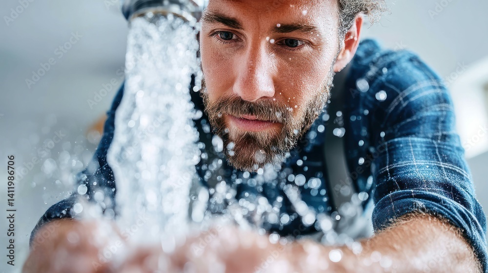 Obraz premium A man washes his face, enjoying the refreshing water splashing all over.