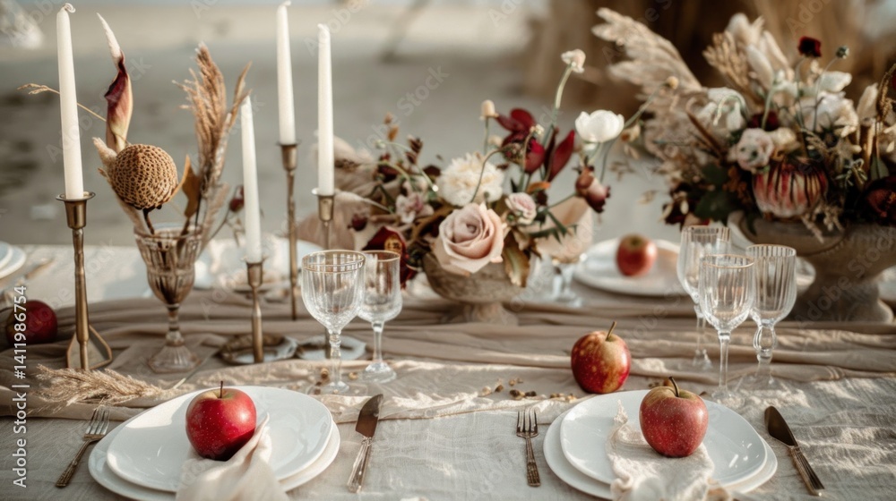 Fototapeta premium Elegant interior table setting decorative accessories soft lighting