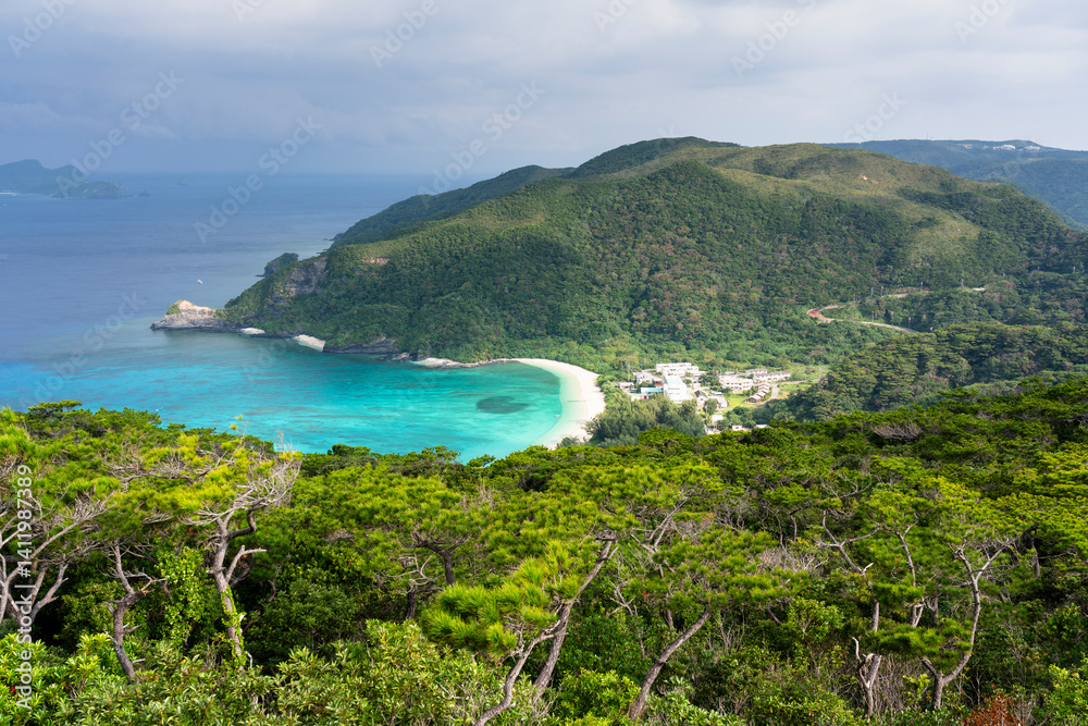 Kerama Islands near Okinawa, Japan: Aerial view of the Aharen, Tokashiki beach in the tropical islands in Okinawa in the Pacific Ocean.