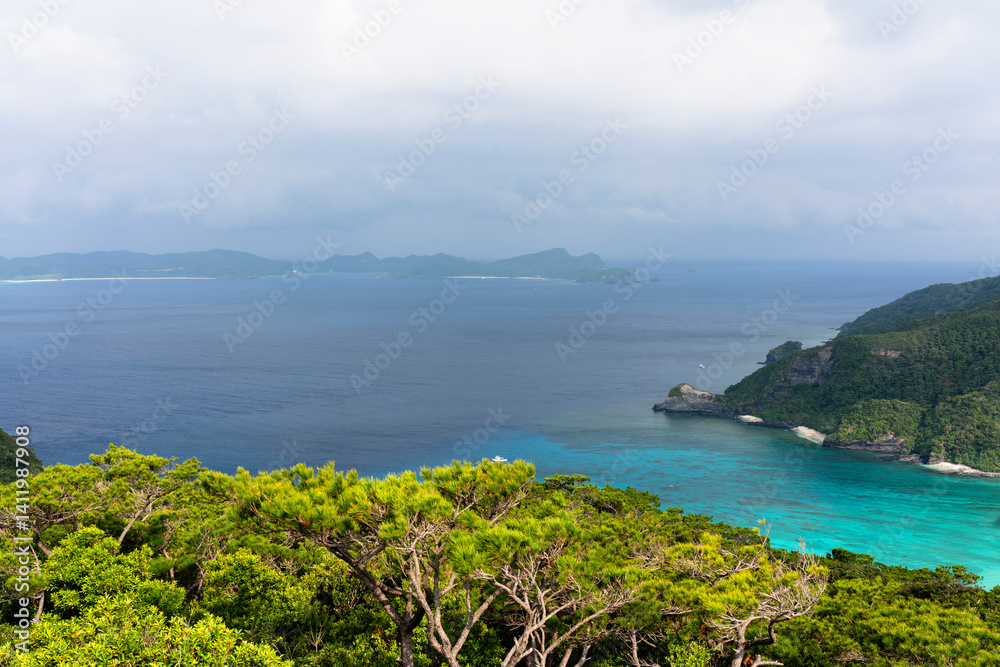 Kerama Islands near Okinawa, Japan: Aerial view of the Aharen, Tokashiki beach in the tropical islands in Okinawa in the Pacific Ocean..