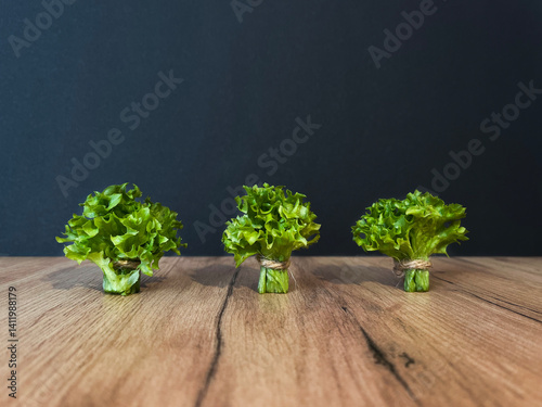 Leaf lettuce or better known as selada keriting is a type of lettuce whose leaf tips are wavy and light green in color. On a wooden board and black background