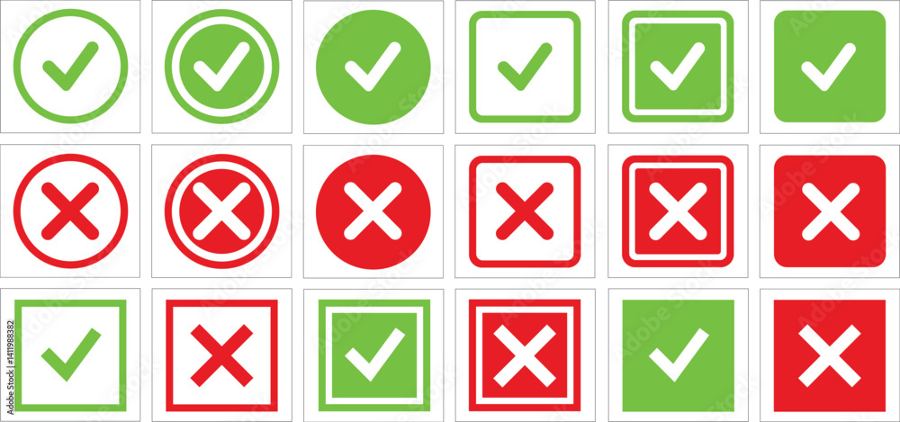 Cross and check mark icon set. Vector illustration on isolated background Cross and check mark icon set. Vector illustration on isolated background