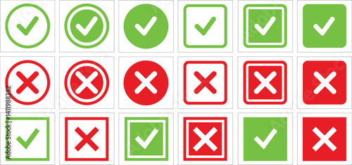 Cross and check mark icon set. Vector illustration on isolated background
