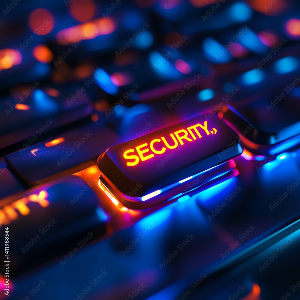 Illuminated keyboard key highlighting security feature. Illuminated keyboard key highlighting security feature.