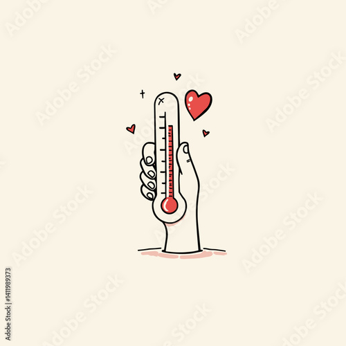 Measuring Love: Hand Holding Heart Thermometer. Vector Line Art for Healthcare, Nurses Day. Simple Illustration of Love Measurement. Medical Concept. Heart Health. Vector Design.