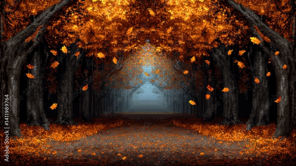 Fototapeta premium Autumnal pathway through a vibrant forest archway, leaves falling