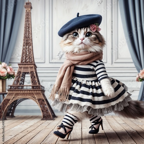A whimsical long haired tabby cat with expressive eyes, confidently struts in a blue beret adorned with flowers, a striped dress with lace trim, a cozy scarf, striped stockings, and elegant heels.