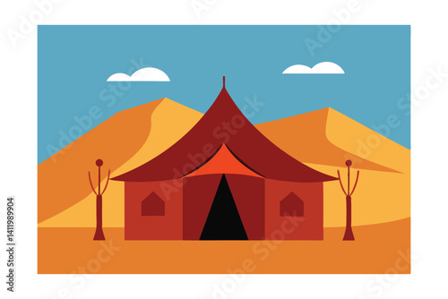 Vector illustration of a tent for summer mountain camping at sunset