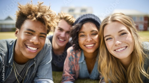 A diverse group of young friends smiles broadly at the camera, enjoying a sunny day on the grass together. The scene evokes happiness.