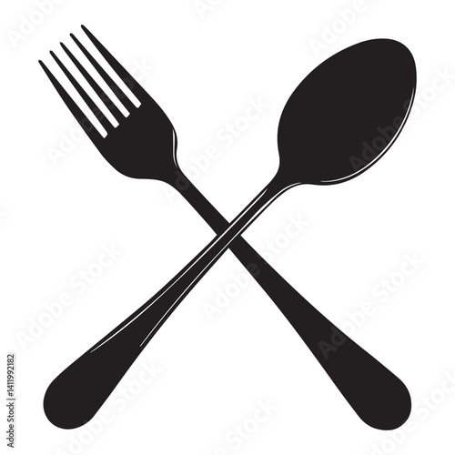 A black and white illustration of two crossed forks and a spoon. 