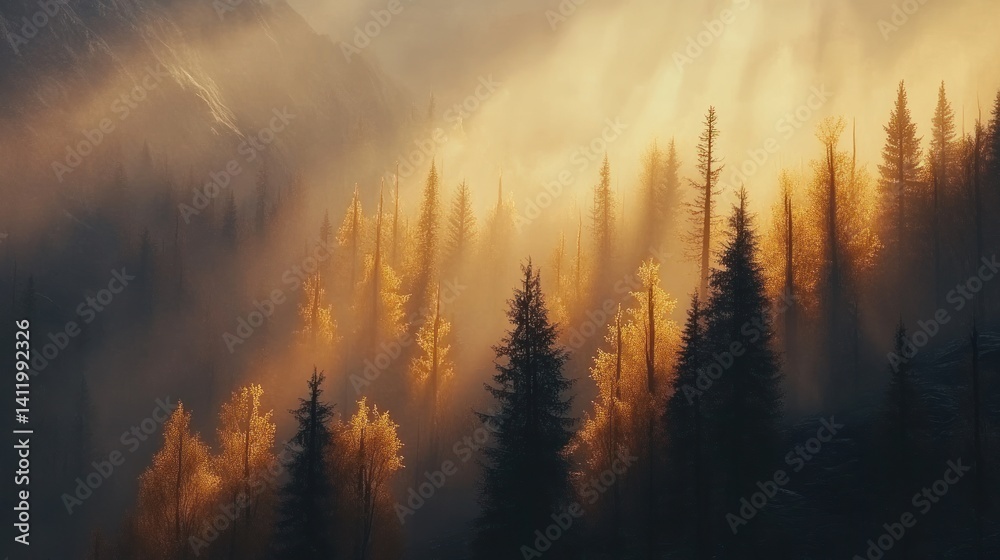 Golden Hour in the Misty Mountain Forest: A Serene Sunrise Landscape Golden Hour in the Misty Mountain Forest: A Serene Sunrise Landscape