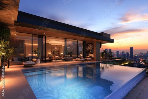 A lavish penthouse rooftop with a private infinity pool overlooking the skyline at twilight. The luxurious ambiance, modern decor, and seamless indoor-outdoor transition create an elite urban retreat