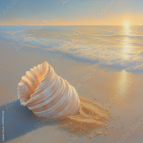 Behold ethereal spectacle of a seashell, delicately nestled upon golden grains of sand, as first rays of dawn caress its surface, casting a tender glow upon tranquil ripples of sea, bestowing upon sho