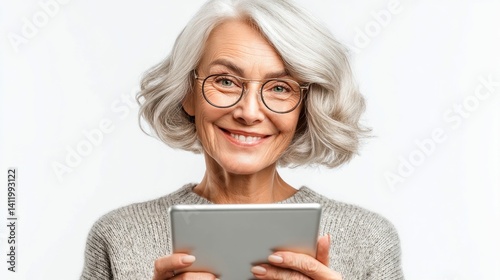A smiling older woman in glasses looks at the tablet she's holding. She's wearing a sweater and has short, wavy, silver hair.
